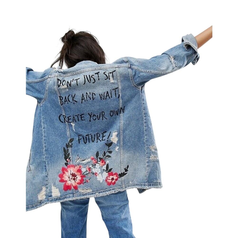 BERSHKA Create Your Own Future Distressed Embroidered Graffiti Denim Jacket - S